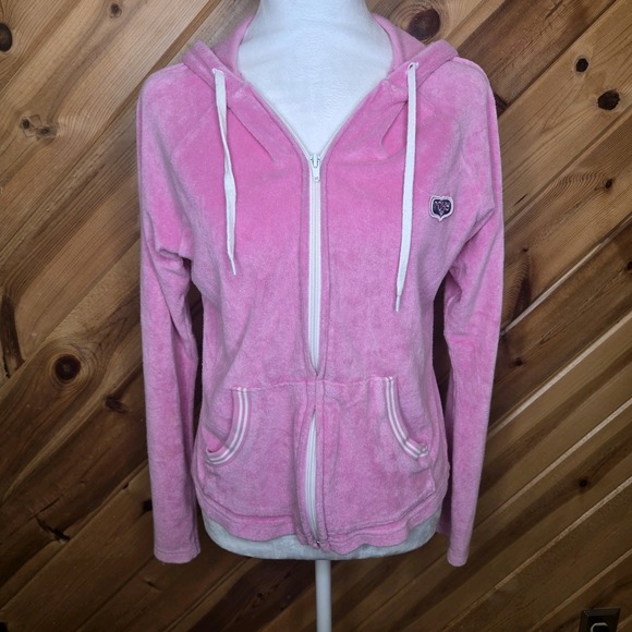 Roxy Y2K Hot Pink‎ Terry Cloth Full Zip Sweatshirt Womens M/L (Tagged XL) Logo - Picture 1 of 6